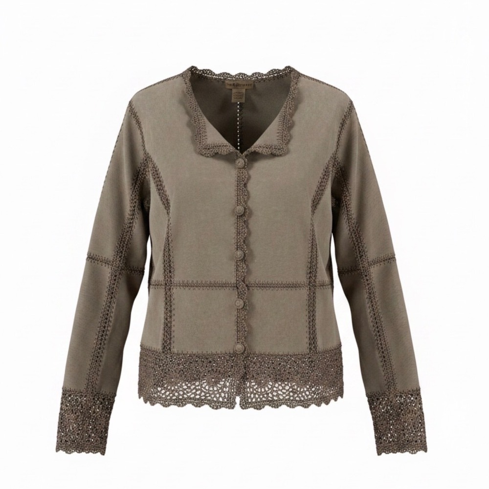 Suede Essentials Leather Crochet Patchwork Jacket Tan Boho Western Size L